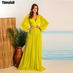 Thinyfull A-line V-neck Coiffon Prom Dress Long Sleeves Saudi Arabic Evening Party Gowns Formal Event Gowns Robe De Soirée