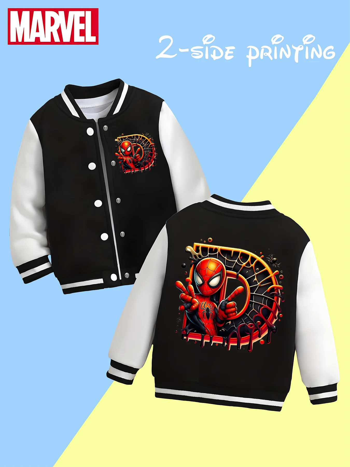 

MINISO Marvel Spider-Man Printed Kids Baseball Jacket - Double-sided trendy pattern, black and white tones, soft fabric