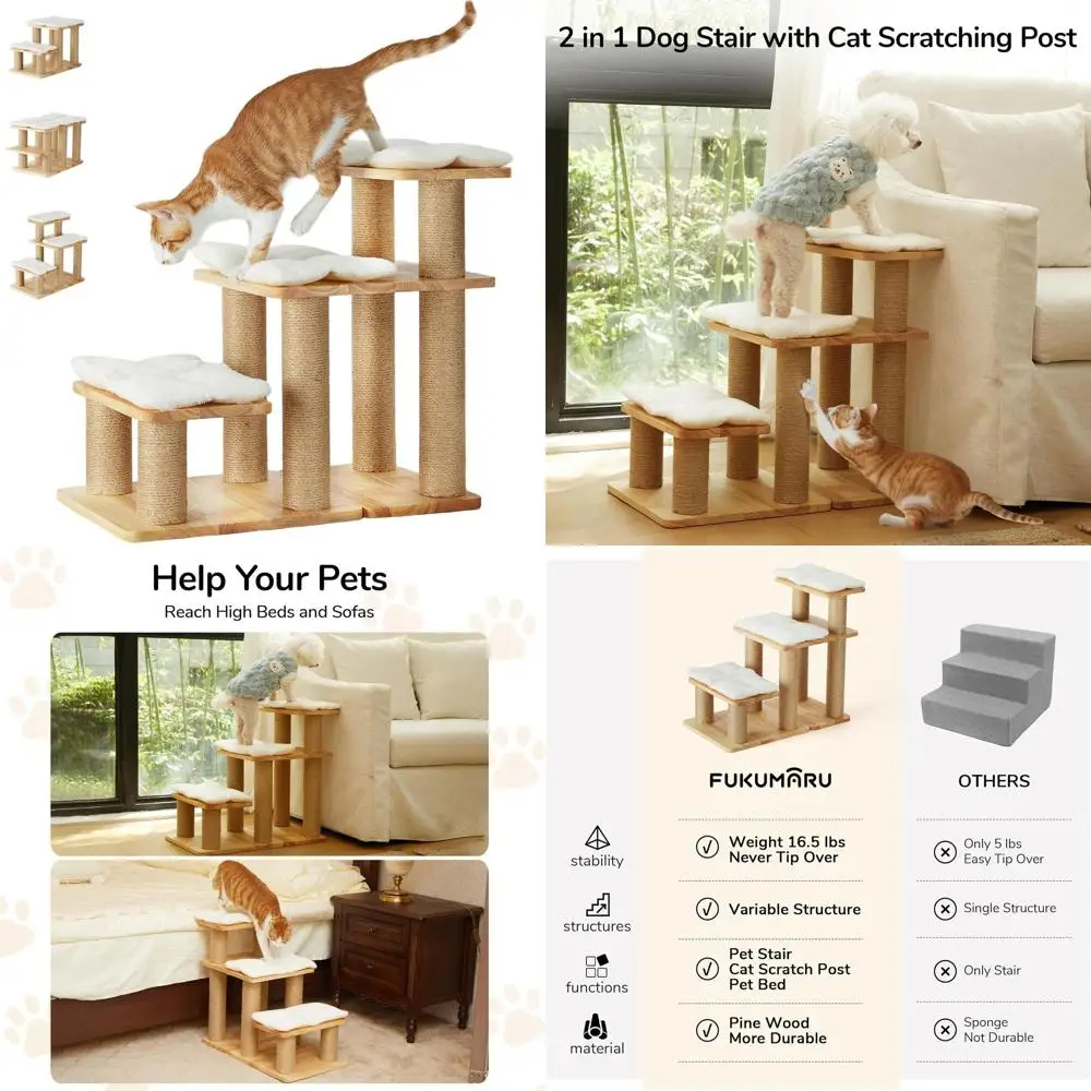 

Деревянная лестница для домашних животных с когтеточкой, трансформируемая в пандус для собак и кошек весом до 90 кг, ступеньки 20 дюймов для высоких кроватей и