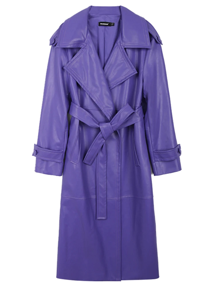 Nerazzurri-Manteau long en similicuir violet pour femme avec ceinture, pardessus élégant, mode de luxe, automne, haute qualité, 2022