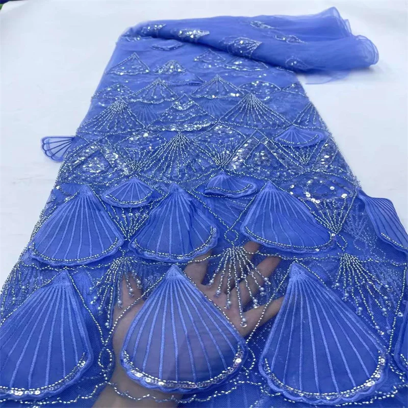 

Royal Blue Sequins Tulle Lace Fabric 2024 High Quality African Swiss Voile Embroidery Mesh Net Laces 5 Yards For Sew Party Dress