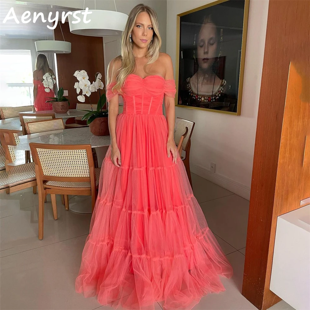 Aenyrst-vestidos de noite para mulheres, fora do ombro, espartilho, tule, linha A, vestidos de baile, até o chão, vestido de festa