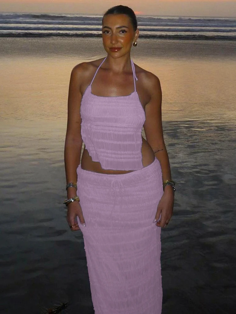 Nibber Mesh 2-delige set dames doorzichtige halter vetersluiting backless crop tops + losse elegante lange rokken vakantie trend outfits