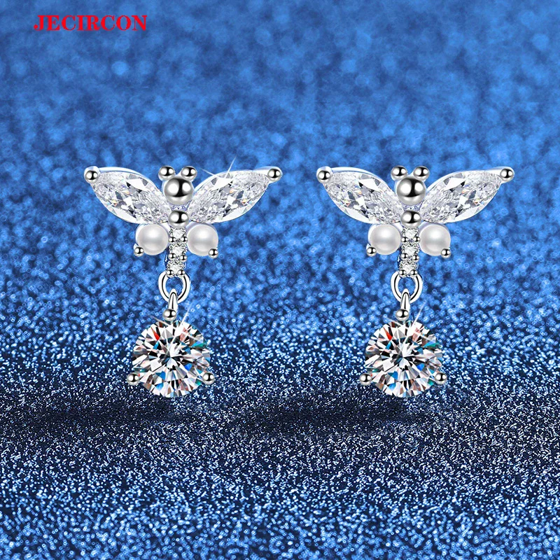 

JECIRCON 0.5ct Moissanite S925 Sterling Silver Earrings for Women Stylish Mini Pearl & Sparkling Zircon Butterfly Design Studs