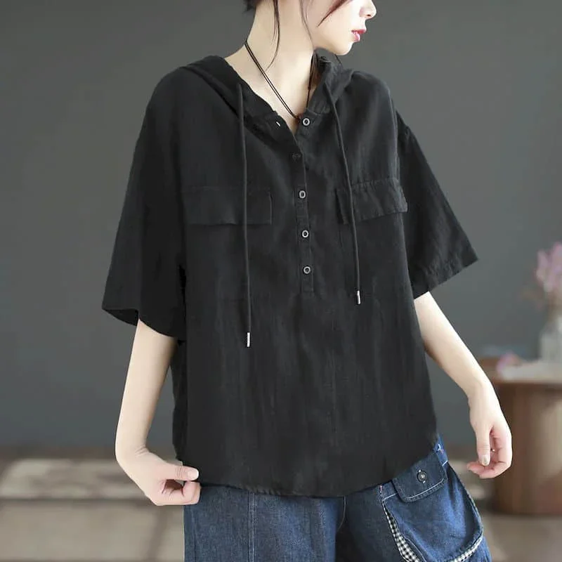 Linen Shirts for Women Vintage Half Sleeve Hooded Shirts Loose Casual Cardigans Korean Fashion Lace-up Retro Blouse Women Tops