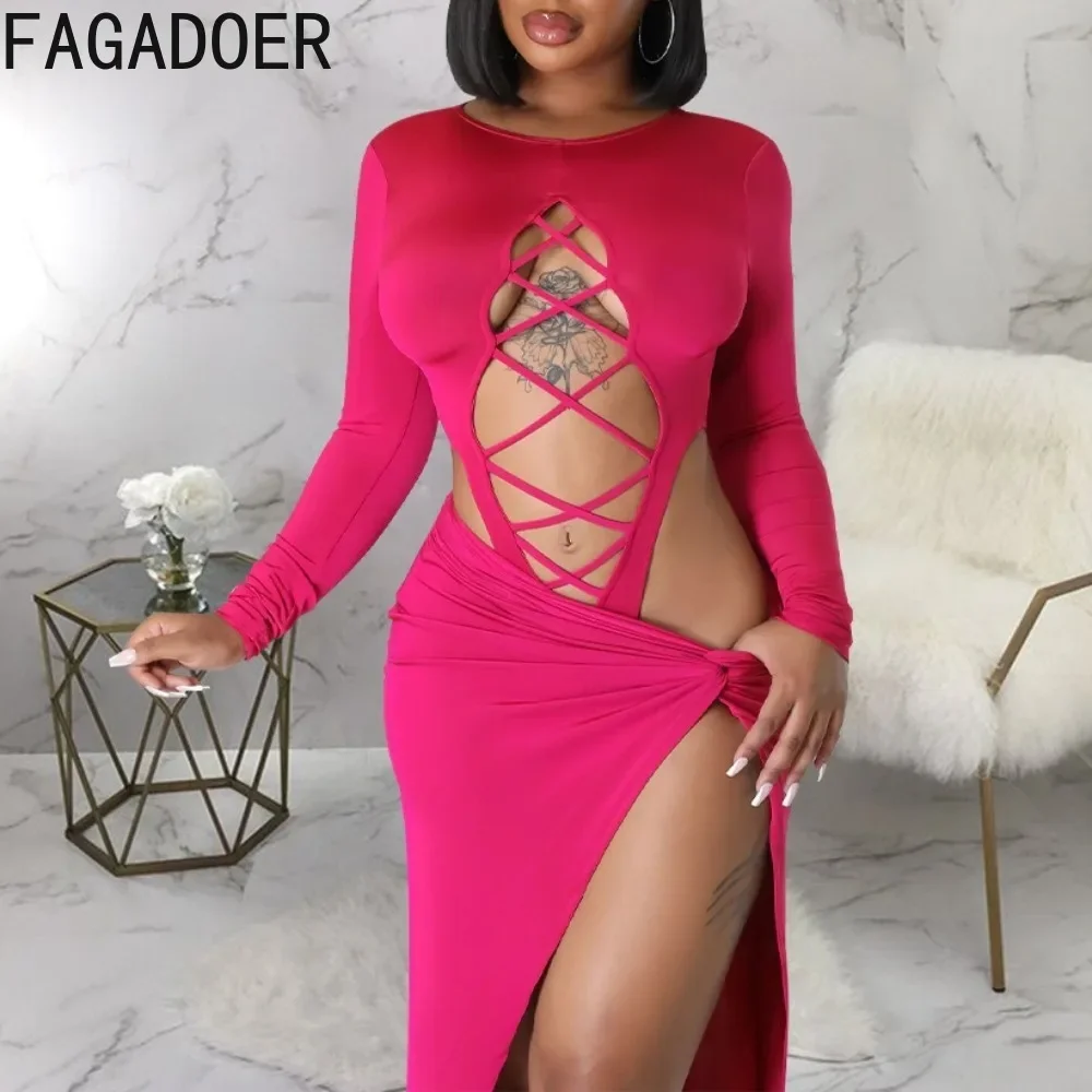 

FAGADOER Sexy Hollow Bodysuit Top And High Slit Long Skirts Two Piece Sets For Women Solid Color Bodycon Nightclub 2pcs Outfits