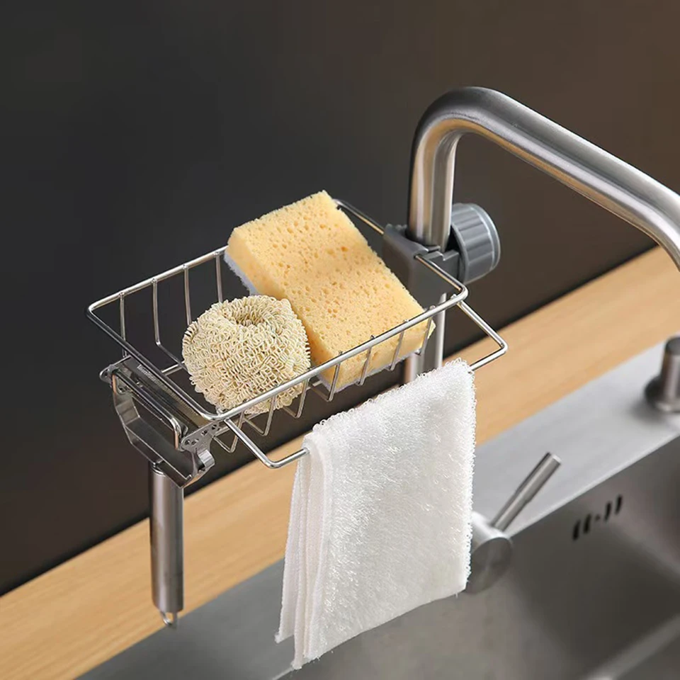 Stainless Steel Sink Storage Rack Kitchen Faucet Shelves Household Sponge Dishcloths Drain Shelf Hollow Out Hanging Baskets