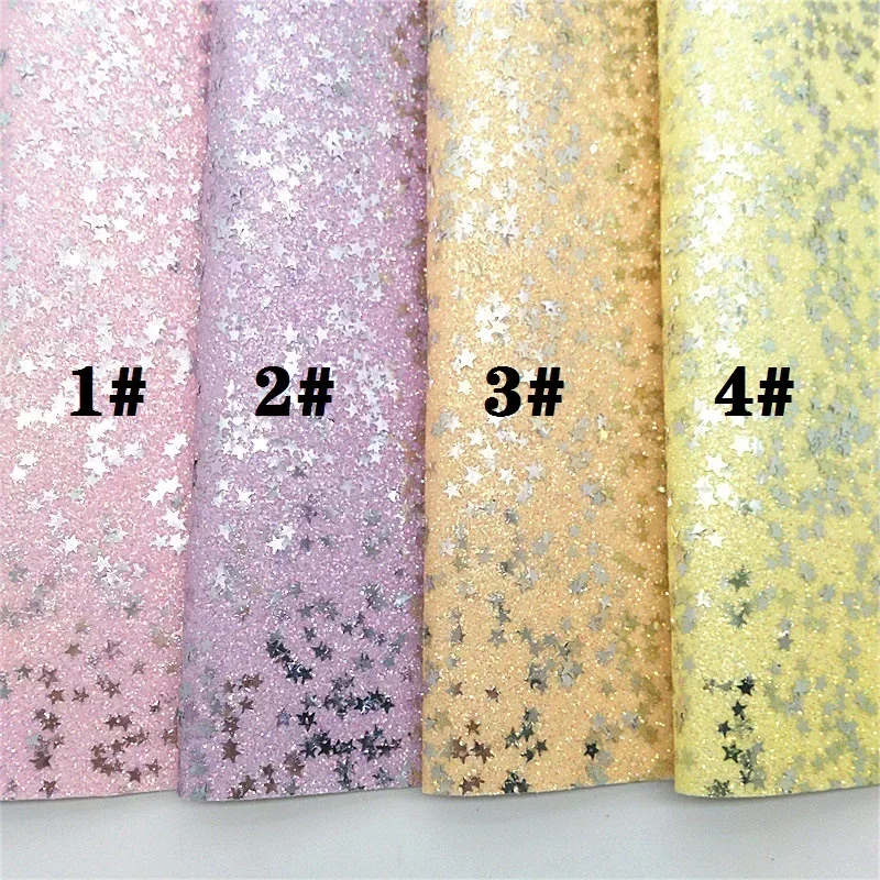 Pastel Color Shimmer Glitter Leather with Silver Stars Glitter Faux Vinyl Fabric Felt Backing Leather For Bow DIY 21X29CM FZ255B