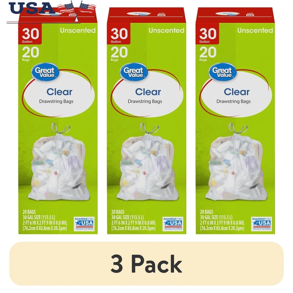 أكياس قمامة برباط شفاف سعة 30 جالونًا، عبوة من 20 كيسًا كبيرًا غير معطر، مقابض سهلة الحمل للاستخدام المنزلي في المرآب