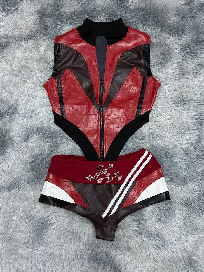 

Jennie Concert Retro Red Zipper Airport Sle Color Blo Rer orts Set Women's Faion Stage Costume ort Sve Outfit