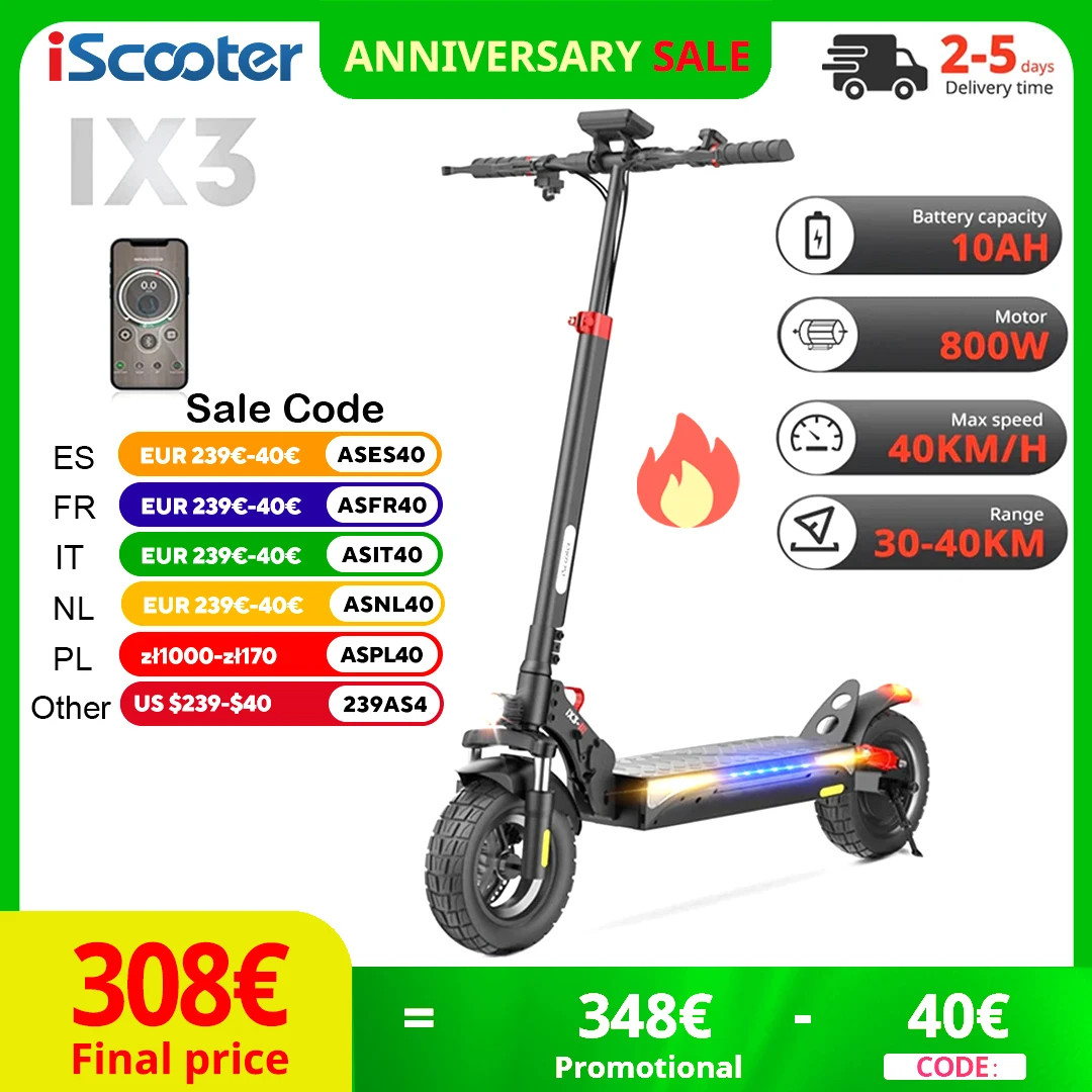 Iscooter Ix3 Elektrische Scooter 800W Krachtige Elektrische Kick Scooter 10Inch Off Road Band 40