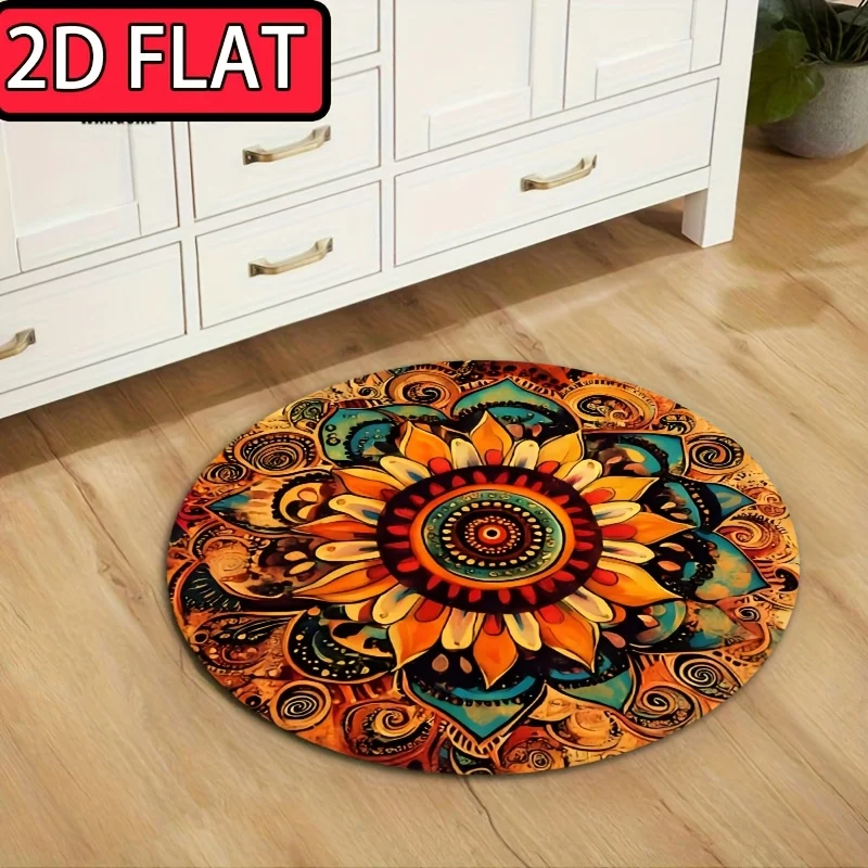 Vintage Tribal Floral Circular Mat Bold Yellow Red Geometric Ethnic Pattern Printed Round Rug for Living Room Home Decor