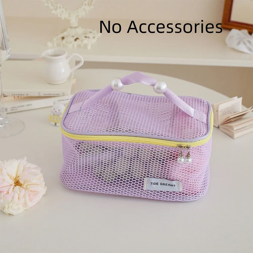 See Through Mesh Cosmetic Bag Portable With Pearl Zipper Makeup Organizer Pouch Large Capacity Hanging Rope Toiletry Organizer