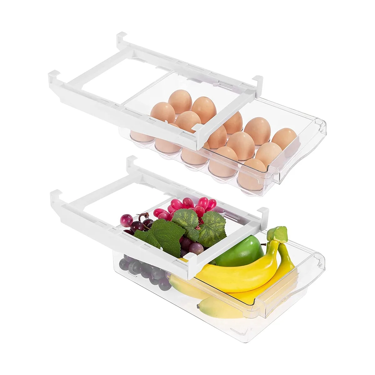 

2 Pack Fridge Organizer, Pull Out Fridge Drawer Organizer, Fridge Storage Box, Clear Container Food Drinks Eggs Fruit.