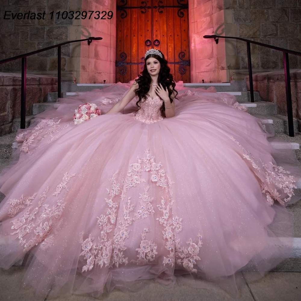 EVLAST Customized Blush Pink Quinceanera Dress Ball Gown Lace Applique Beaded Mexico Corset Sweet 16 Vestido De 15 Anos QD1139