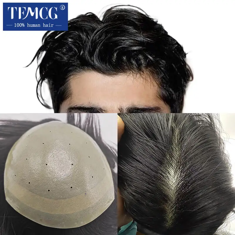 Protesi per capelli maschili doppi nodi Base per la pelle 100% capelli umani naturali parrucchino da uomo traspirante parrucchino biologico per cuoio capelluto