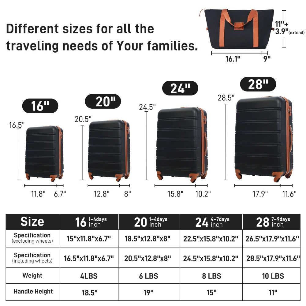 TSAロック付きスピナースーツケース、ハードシェルラゲッジセット、軽量ラゲッジ、4個、16インチ、20インチ、24インチ、28インチ