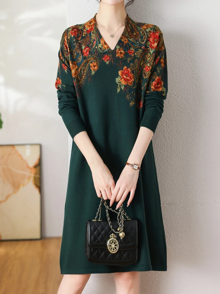 

Print Long Sweaters Dress Spring Women Clothing Long Sleeve Femme Pullover Elasticity Loose Pulls V Neck Sweater For Women