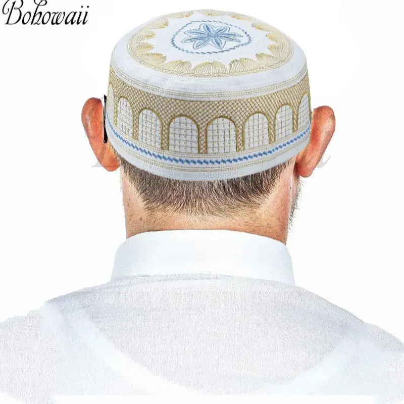 BOHOWAII Jewish Kippa Juif Islam Muslim Caps for Men Saudi Prayer Hat Skull Cap Embroidery Turban Ramadan Bonnet Musulman