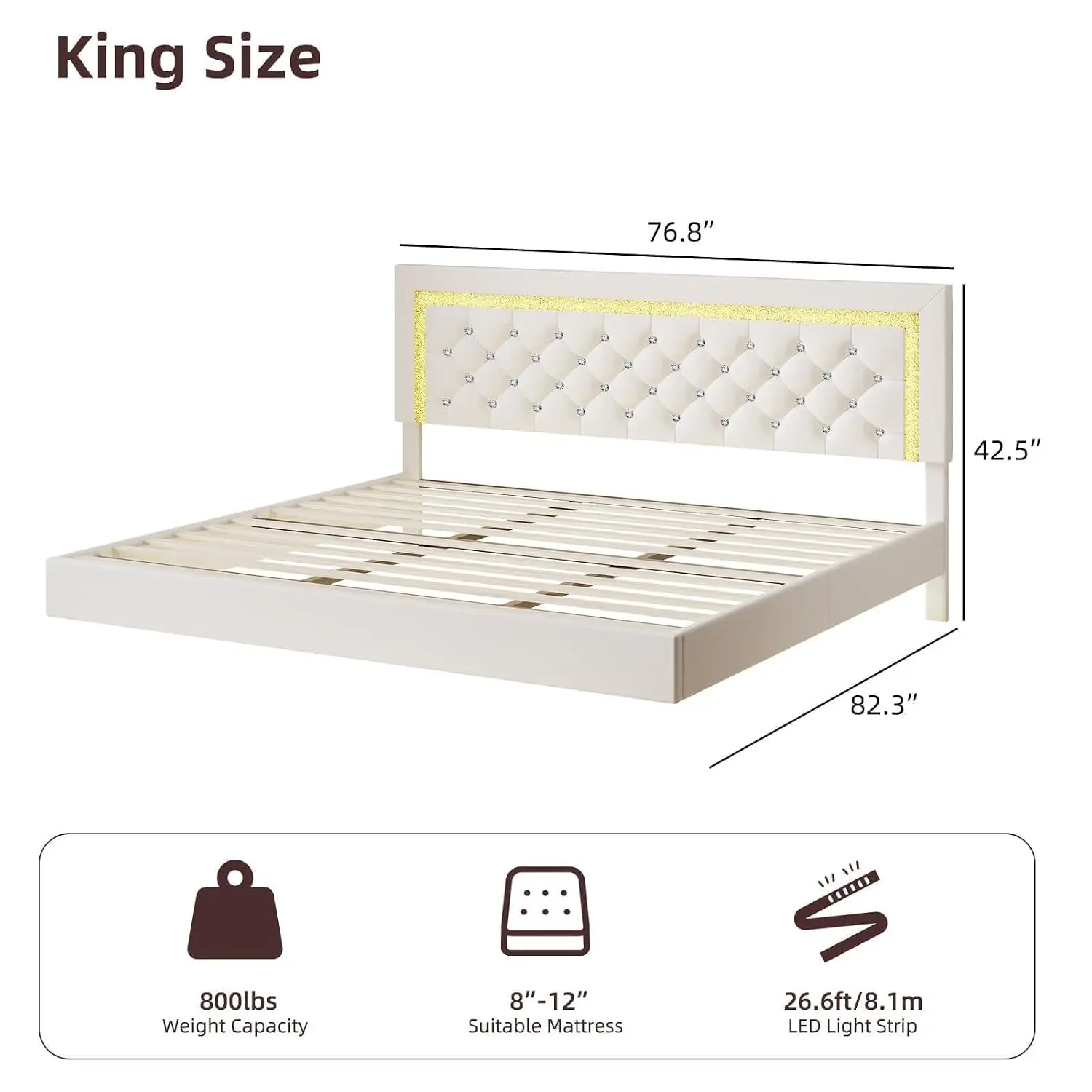 King Floating Bed Frame With LED Lights & Diamond Headboard, White, Customized