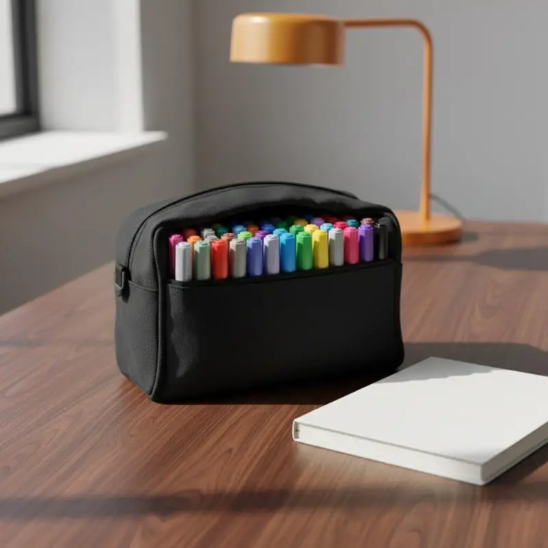 Markers Pen Black Storage Bag Massive Large Capacity Zipper Canvas Pencil Bag Watercolor Pen Stationery Bag Portable
