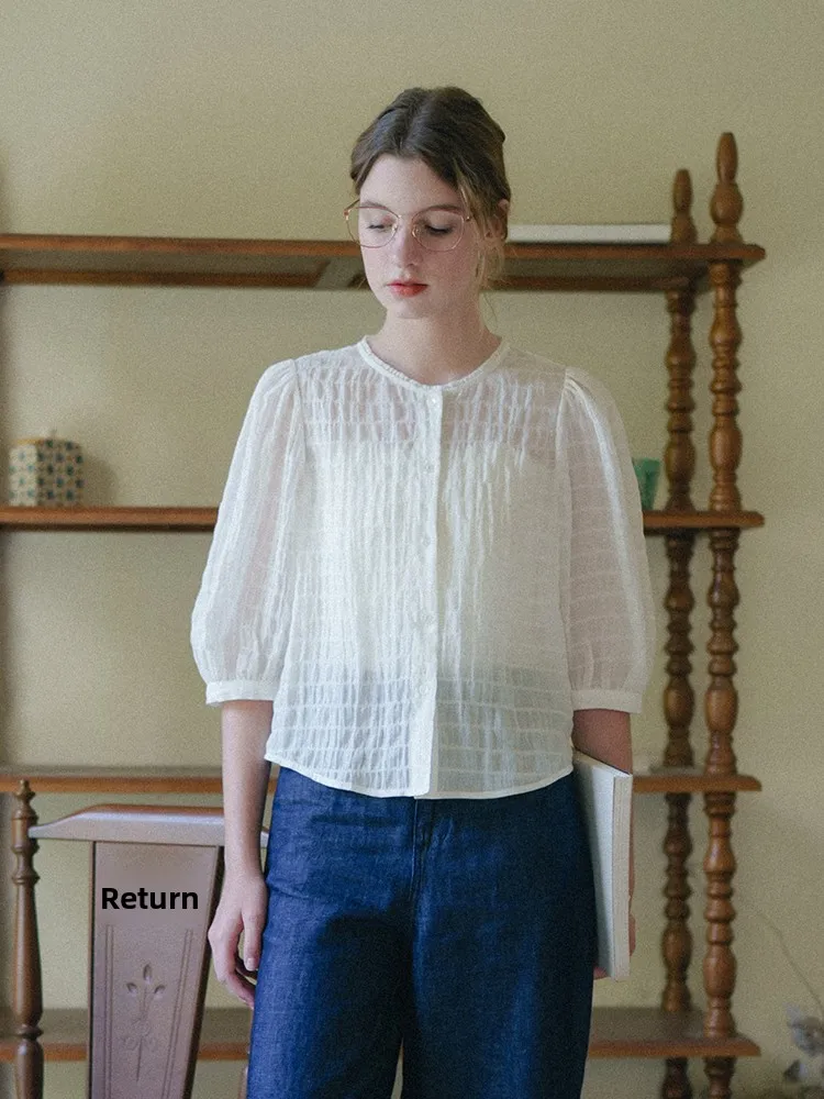

MARCHNOON French Style Loose Fit Linen Shirt Bubble Sleeve White Classic Versatile mid Sleeve Small Top Wet Evaporative Cooling
