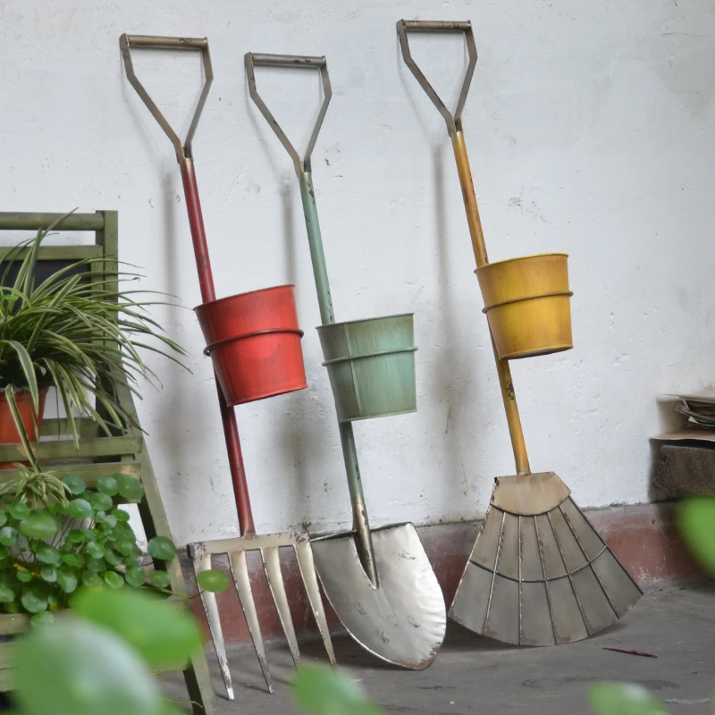 American rural rustic style wrought iron wall hanging creative fleshy flower bucket rake shovel fork wall hanging iron flowerpot