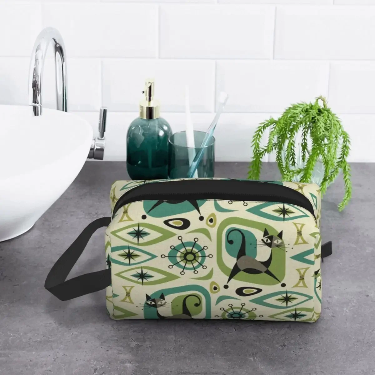 Travel Mid Century Cat Abstract Toiletry Bag Cute Lime and Teal Cosmetic Makeup Organizer for Women Beauty Storage Dopp Kit Case