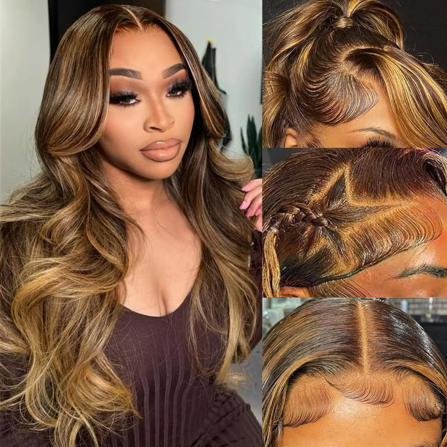 

13x4 13x6 HD Прозрачный объемный волнистый парик фронта шнурка Цветные блики фронтальные человеческие волосы Парики для женщин Предварительно выщипанные с детскими волосами