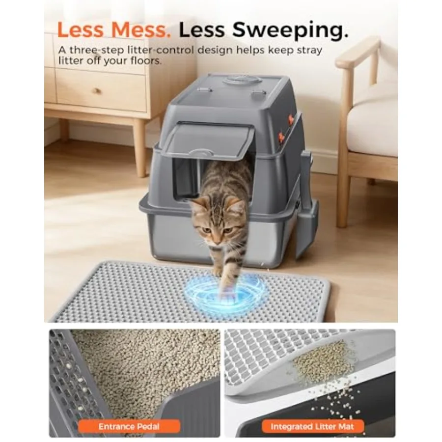 XXL Stainless Steel Cat Litter Box with Lid High Sided Enclosed Covered Litterbox Activated Carbon Odor Control Extra Large Met view 3