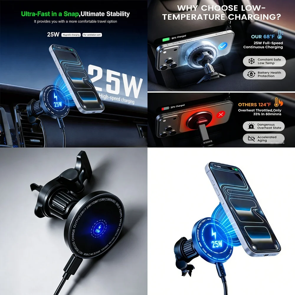 Magnetic Car Wireless Charger Mount 25W Fast Charge Vent Clip 360 Rotating Ball Holder for iPhone 17 16 15 Samsung S26 S25 Ultra