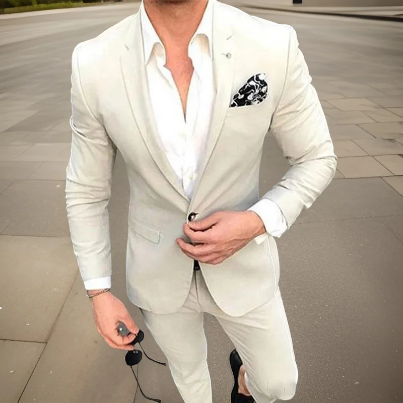 

Suits for Men Wedding 2 Pcs Slim Fit Italian Style Formal Bridegroom Best Man Prom Beige Groom Tuxedo Jacket with Pants 2024