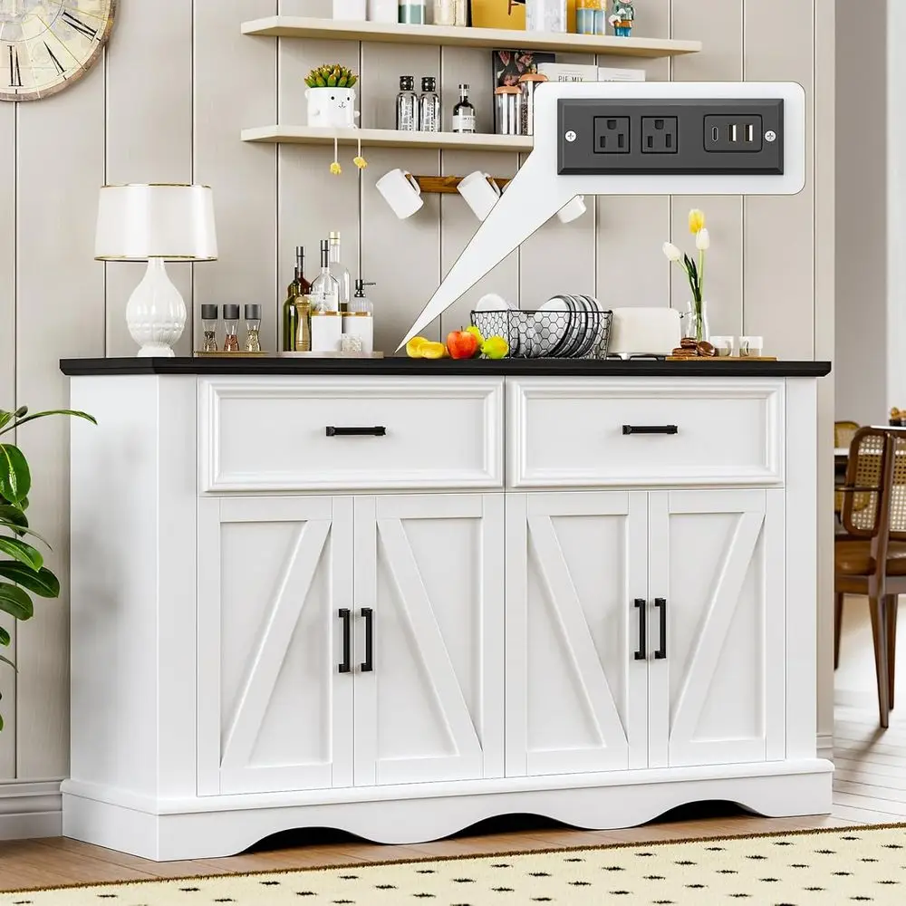 White 56 Modern Sideboard Buffet Cabinet with 4 Doors, 2 Drawers, Adjustable Shelves, and Charging Station for Kitchen or Living