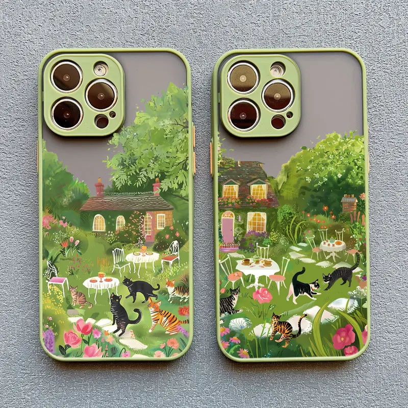 Pretty Cute Black Cats In Flower Garden Phone Case for iPhone 14 13 12 11 Pro Max Mini 16 15 Pro Max Plus XR XS X 7 8 Plus Cover