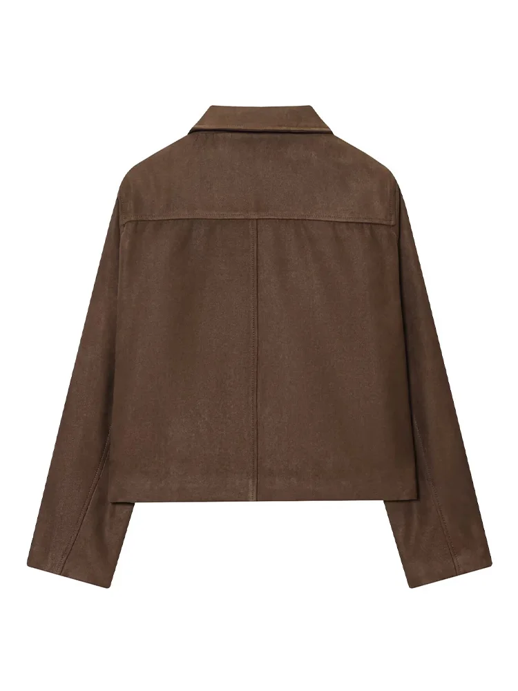 HH Donna Moda monopetto Decorazione tascabile Cappotto corto Giacca invernale in pelle scamosciata stile street con risvolto femminile a maniche lunghe