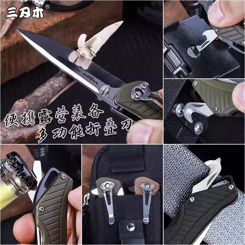 Sanrenmu 7089 Multi Function Folding Knife EDC Tool with Belt Clip for Travel and Camping NO LOCK