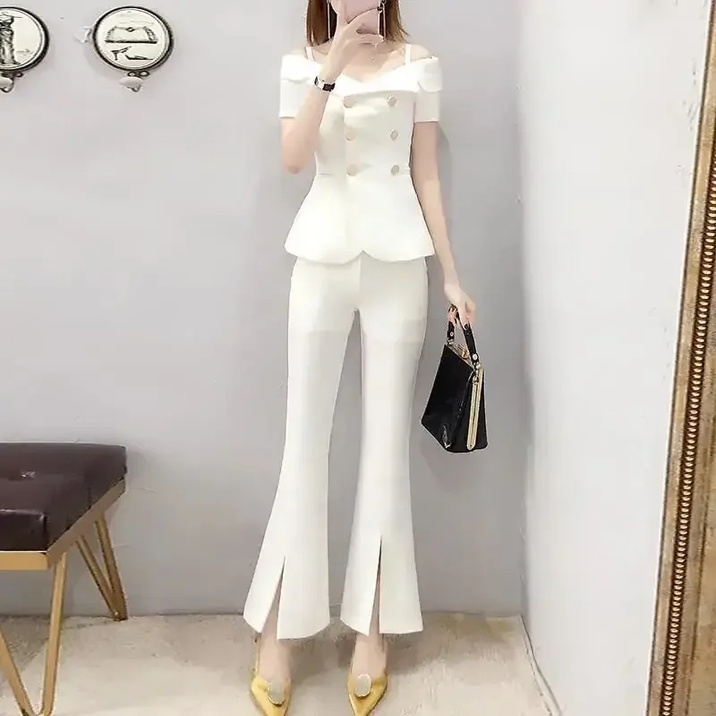 Womens 2 Pant Sets Off The Shoulders Outfit Two Piece Set Pants for Women White Sexy Black Trouser Suit Korea Stylish Clothing D