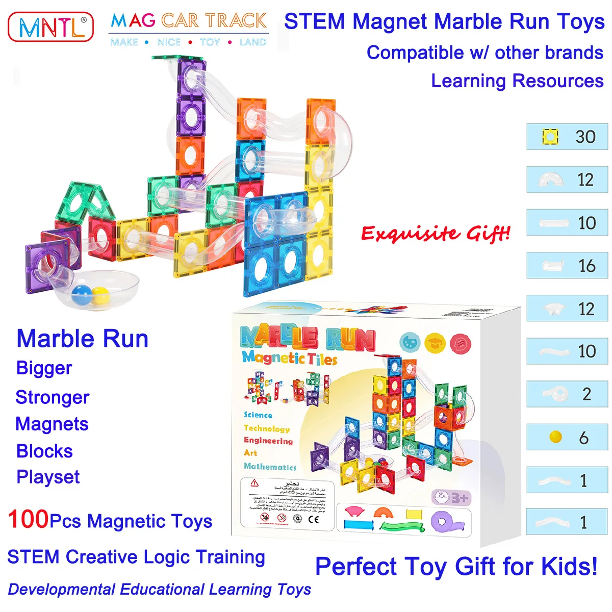 MNTL 100Pcs Marble Run Track Toys Magnetic Tiles STEM Magnet Building Blocks Race Ball Game Kids Boy Girl Children Toddler Gifts