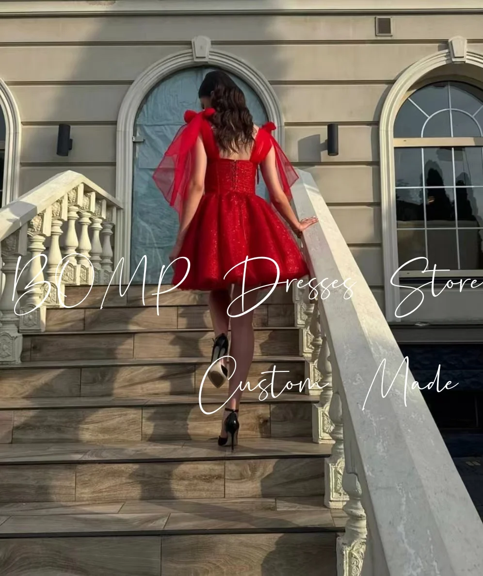 Elegancka, błyszcząca czerwona sukienka na przyjęcie, z odkrytymi ramionami, kokardami, drapowana, w kształcie litery A, mini, na specjalną okazję, urodziny, studniówkę, szyta na miarę.