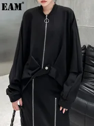 [EAM] Black Irregular Hem Big Size Jacket New Stand Collar Long Sleeve Women Coat Fashion Tide Spring Autumn 2024 1DH1050