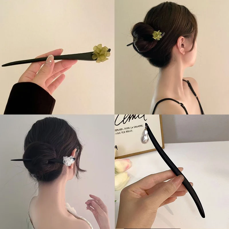 خمر النمط الصيني زهرة خشبية الشعر العصي اللؤلؤ دبوس الشعر مجوهرات للنساء مزاجه إكسسوارات الشعر تصفيف الزفاف Gif