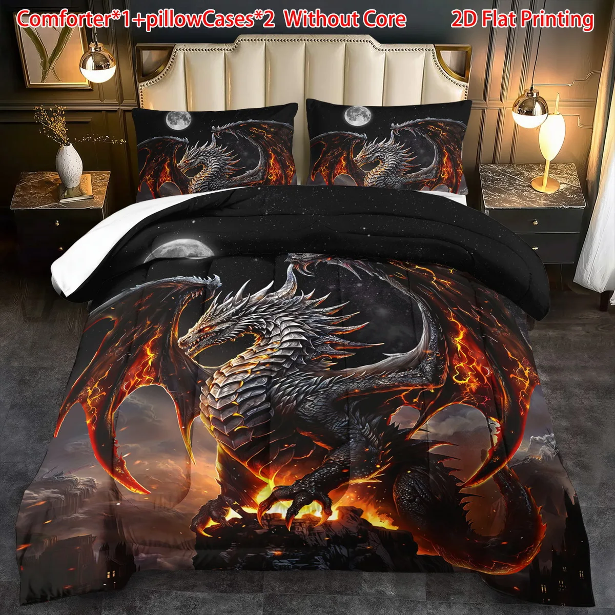 Flame Dragon Duvet Cover Set Magic Beast Bedding Duvet Cover Set Multi Size Quilt Cover Queen Size Bedroom Bedding Decoration Machine Washable Adult Boy Girl Bedroom