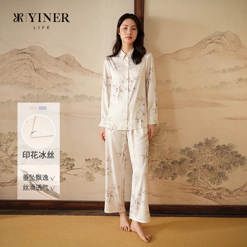 Chinese-style floral print home wear set for women, summer cool-feeling pajamas, can be worn outside