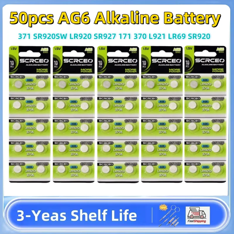 

50pcs AG6 Alkaline Battery 1.55V Button Coin Cell 371 SR920SW LR920 SR927 171 370 L921 LR69 SR920 Watch Battery Drop Shipping