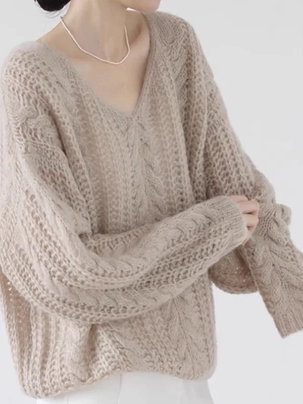 

Soft Cozy V-Neck Hollow out Knitted Sweater Women's Gentle Personality Large Size Inner Wear Artistic Commute Style Long Sleeve