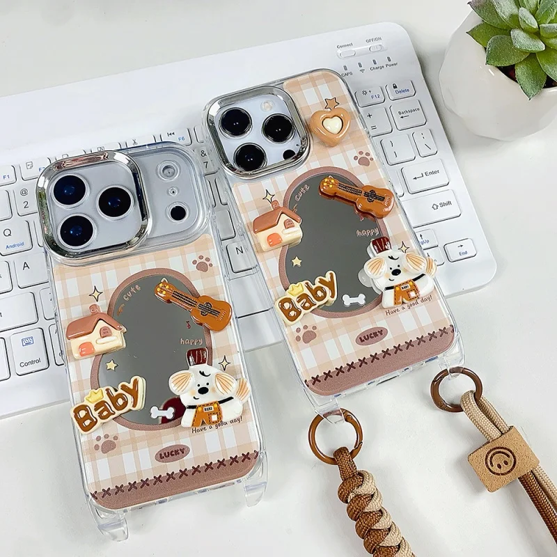 

Kawaii Cartoon 3D Guitar Dog Mirror Plaid Pattern Phone Case For iPhone 17 Pro 16 15 14 Pro Max Cover with Hand Rope Starp Cute