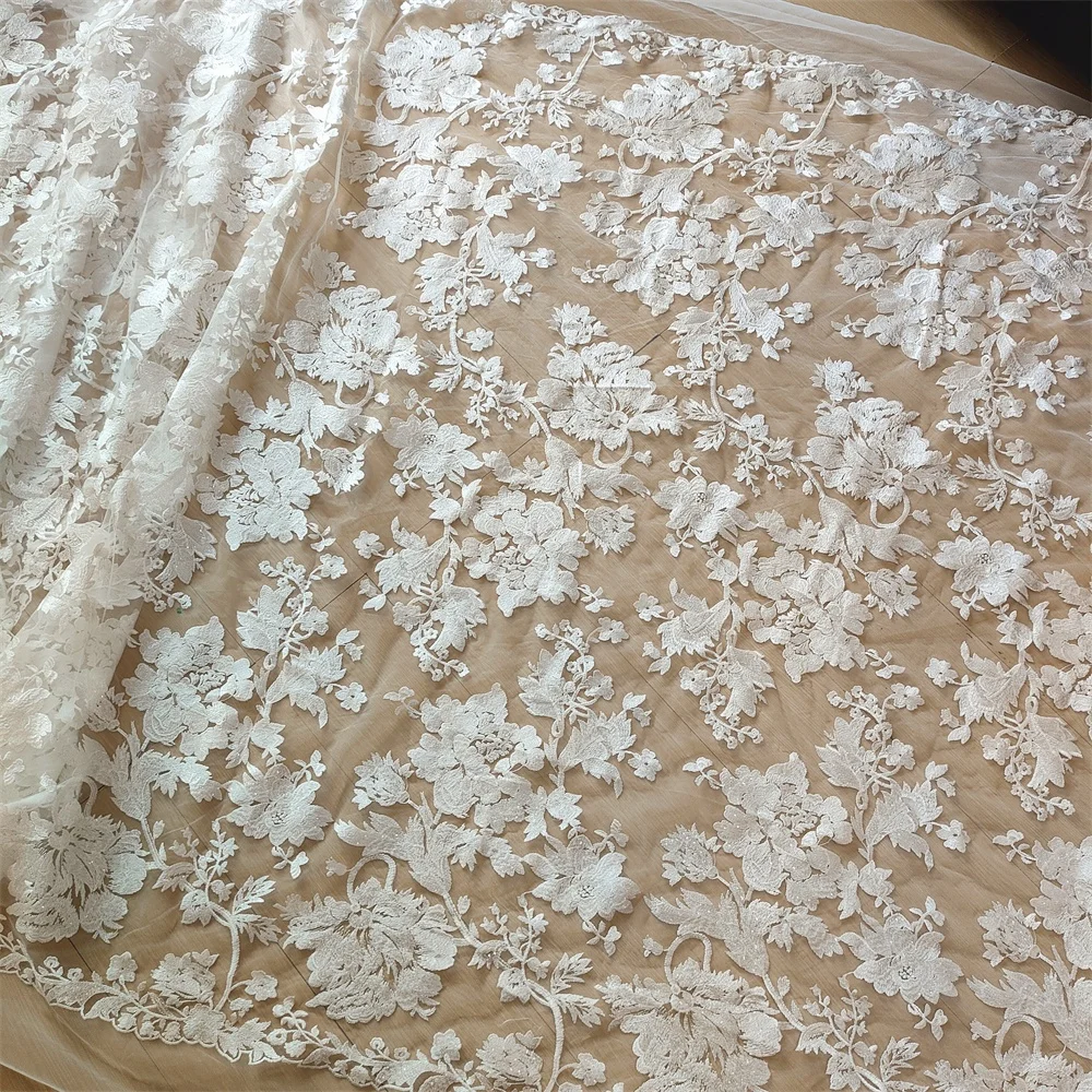 

3 Row White Bridal Wedding Dress Tulle Embroidery Sequin Lace Big Floral Appliqued Fabric DIY Craft Trim Supplies Material