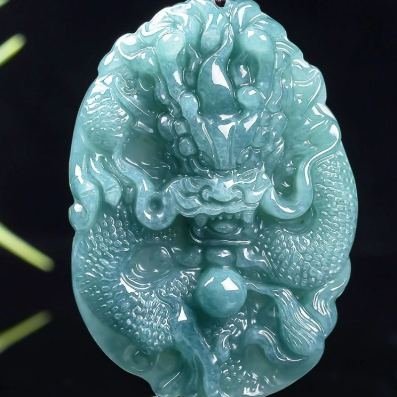 

Natural jade blue water hand-engraved Zodiac guardian dragon ice jadeite Domineering men's personality pendant gift