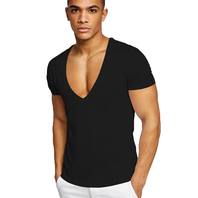 2022Summer T-Shirts For Men Deep V Neck Short Sleeve Tshirts Streetwear Casual Solid Slim Cotton Tees Gym Fitness Boxing Tops