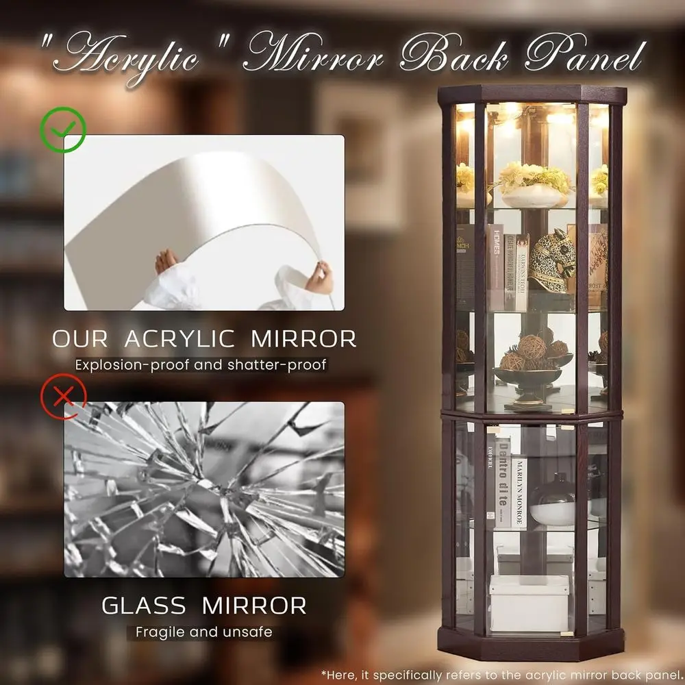 70 Glass Curio Cabinet with 5 Adjustable Shelves, Tempered Glass Door, Cherry Finish view 3